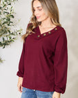 Zenana Buttoned V-Neck Long Sleeve Blouse