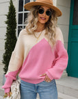 Two-Tone Round Neck Ribbed Sweater