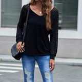 Sheer Striped V-Neck Long Sleeve T