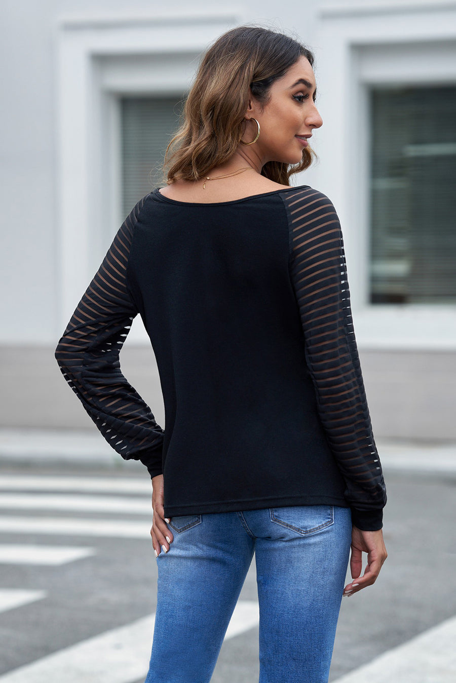 Sheer Striped V-Neck Long Sleeve T