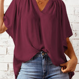 Gathered Detail Notched Neck Flutter Sleeve Top (Various colors)