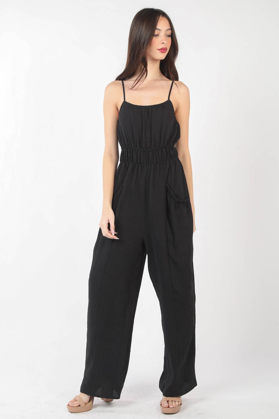 VERY J Pintuck Detail Woven Sleeveless Jumpsuit (online only)