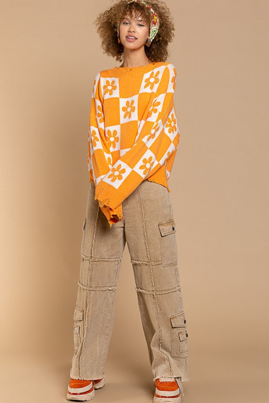 Flowered Checkered Distressed Cropped Sweater- Pol