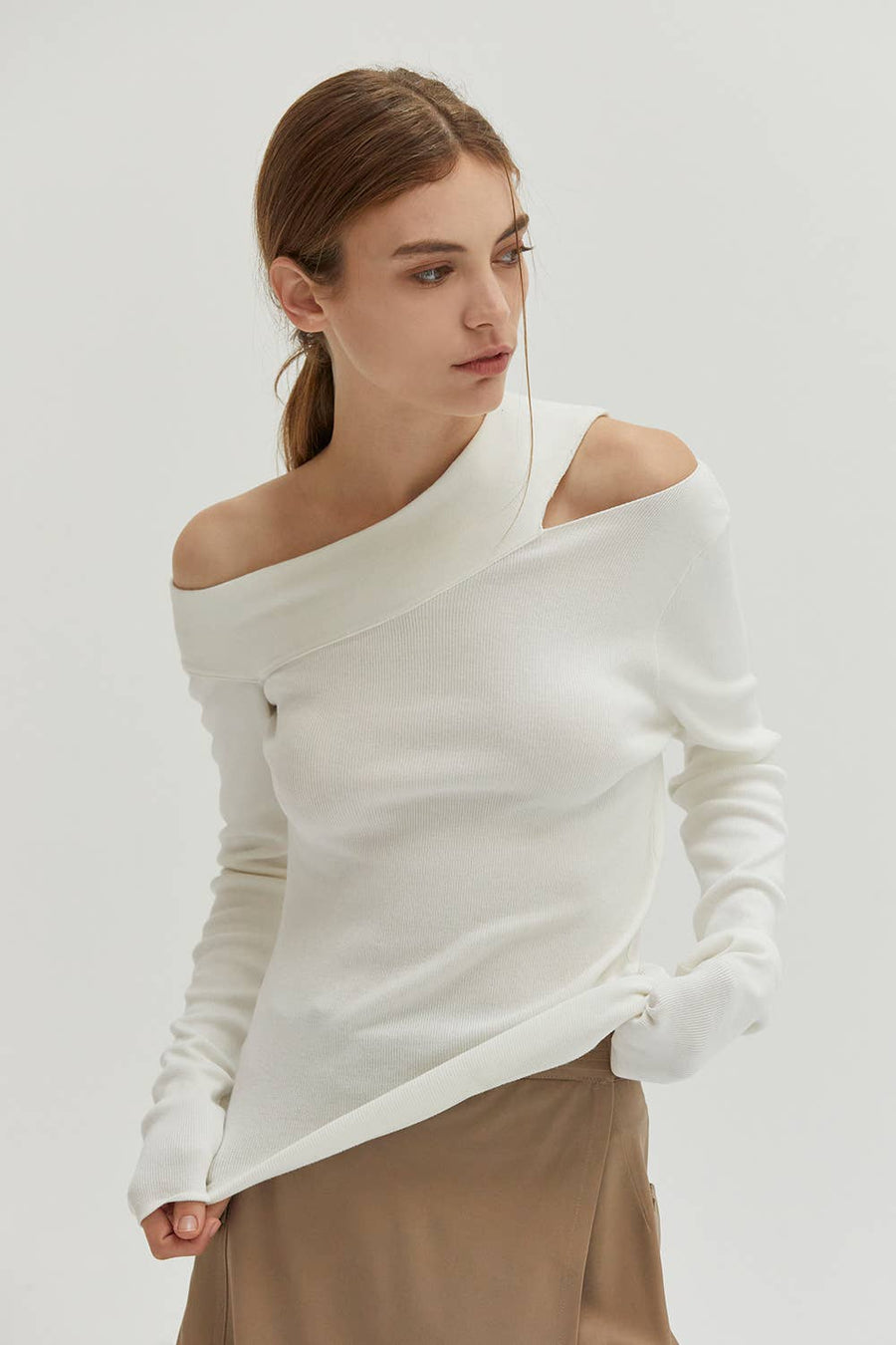 Crescent  Ingrid One Shoulder Rib Top (White)