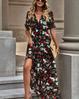 Floral V-Neck Short Flounce Sleeve Dress