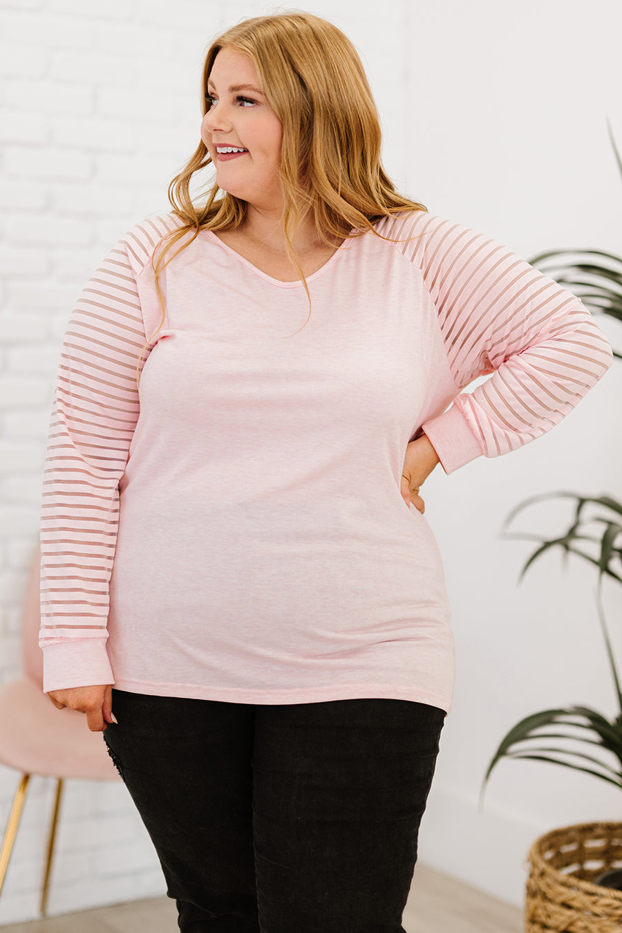 Sheer Striped Sleeve V-Neck (Plus size only)