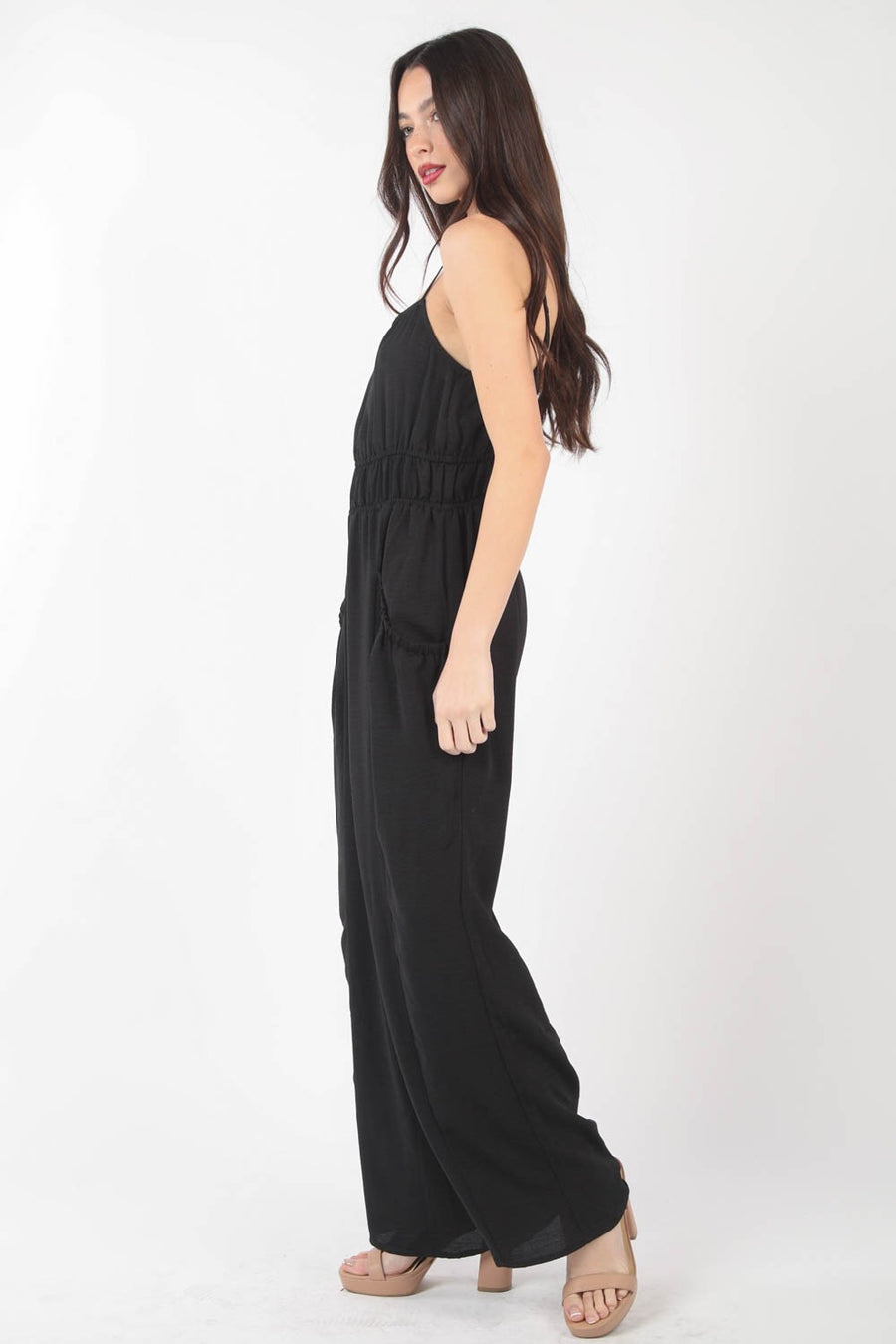 VERY J Pintuck Detail Woven Sleeveless Jumpsuit (online only)