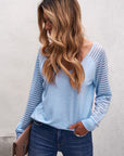 Sheer Striped V-Neck Long Sleeve T