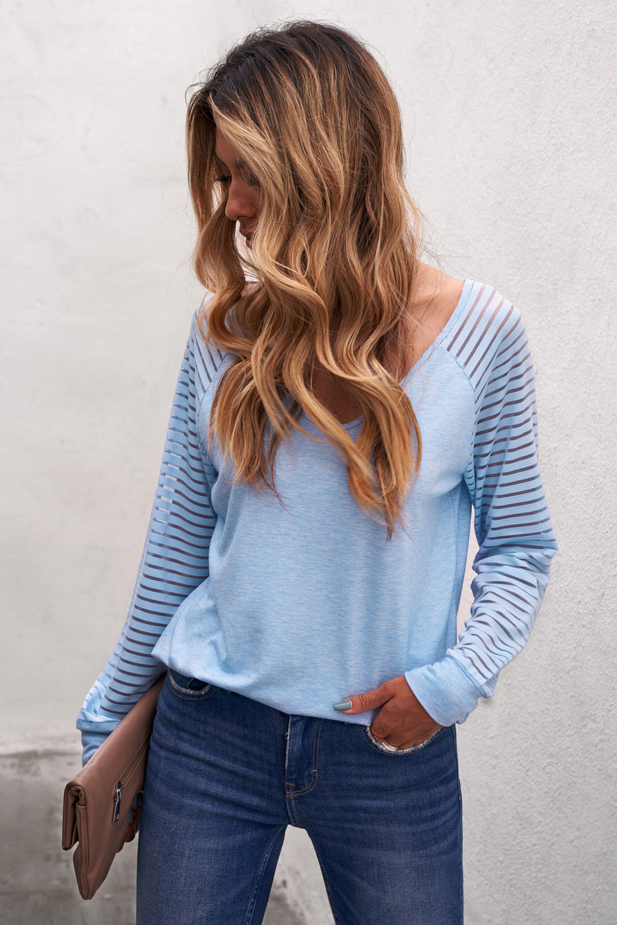 Sheer Striped V-Neck Long Sleeve T