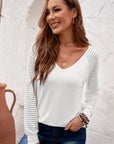 Sheer Striped V-Neck Long Sleeve T