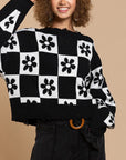 Flowered Checkered Distressed Cropped Sweater- Pol