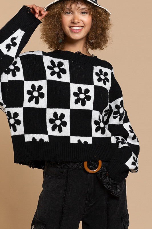 Flowered Checkered Distressed Cropped Sweater- Pol