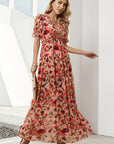 Floral V-Neck Short Flounce Sleeve Dress