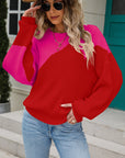 Two-Tone Round Neck Ribbed Sweater