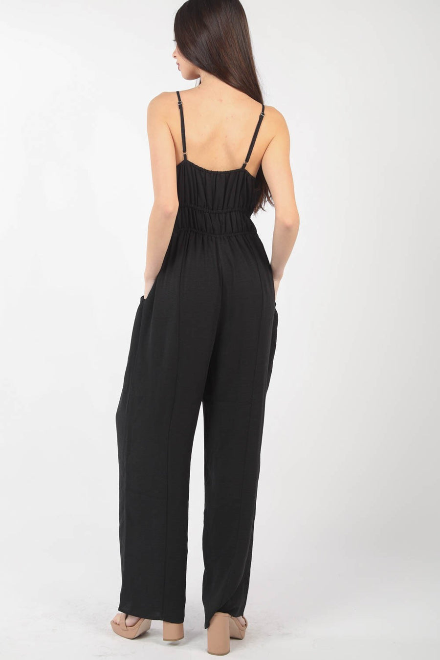 VERY J Pintuck Detail Woven Sleeveless Jumpsuit (online only)