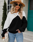 Two-Tone Round Neck Ribbed Sweater