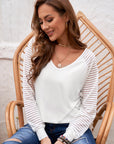 Sheer Striped V-Neck Long Sleeve T