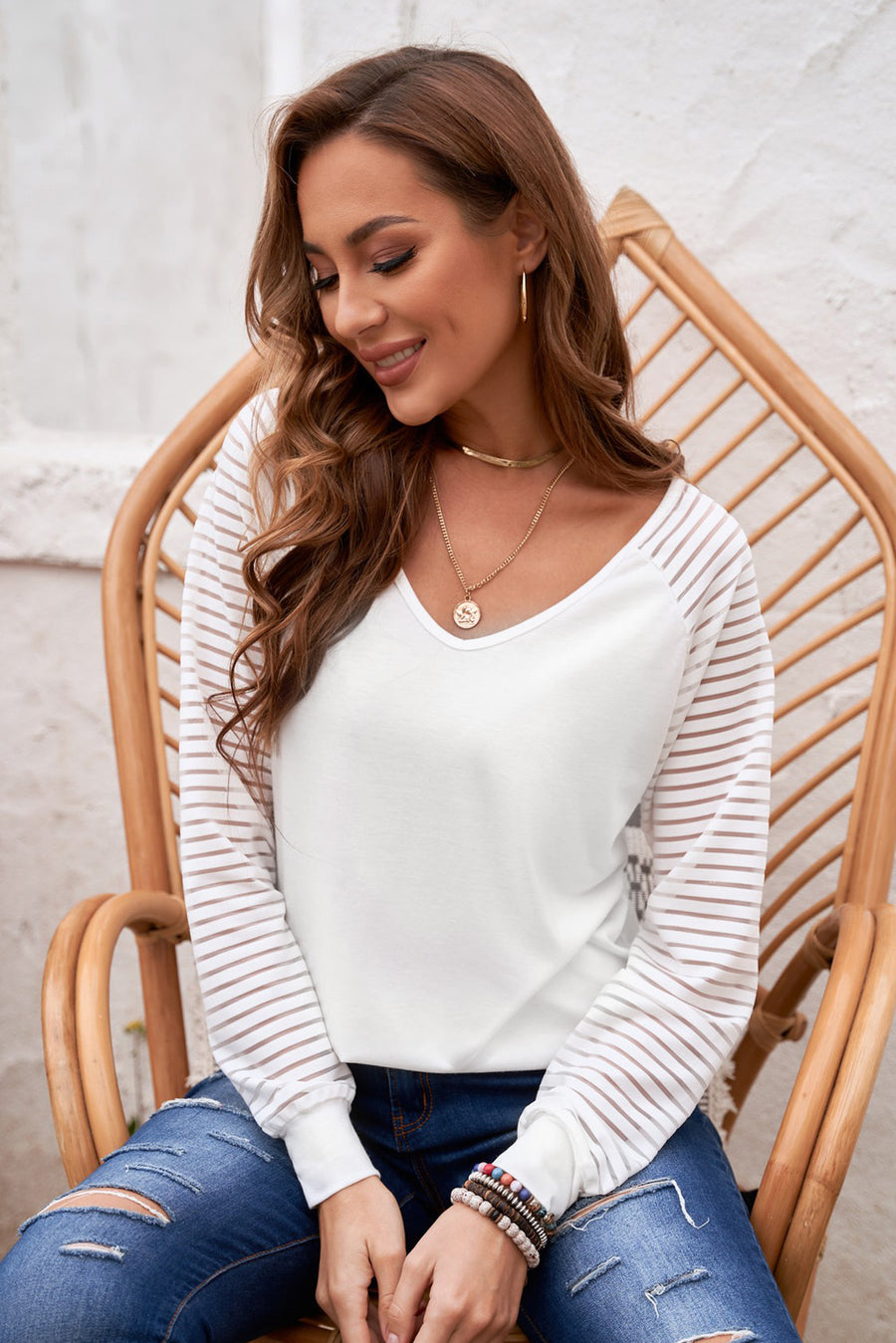 Sheer Striped V-Neck Long Sleeve T