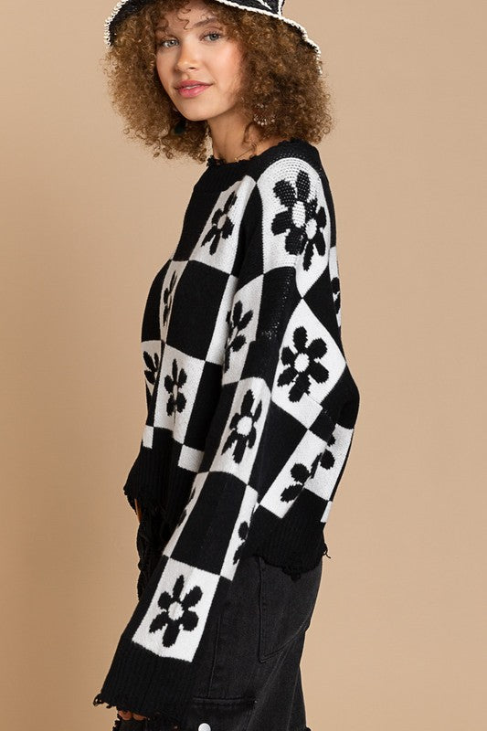 Flowered Checkered Distressed Cropped Sweater- Pol