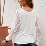 Sheer Striped V-Neck Long Sleeve T