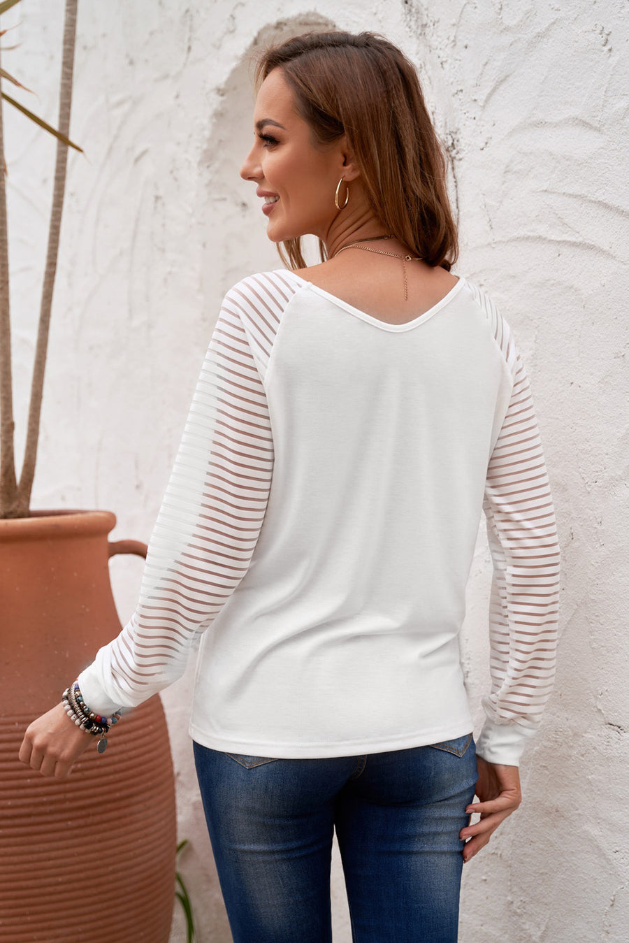 Sheer Striped V-Neck Long Sleeve T