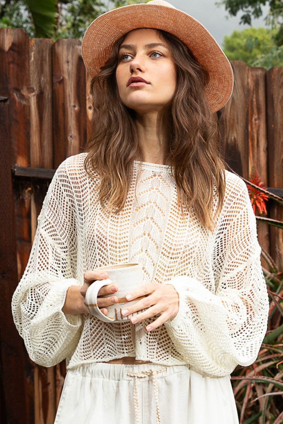 POL Openwork Balloon Sleeve Knit Cover Up (Online only)