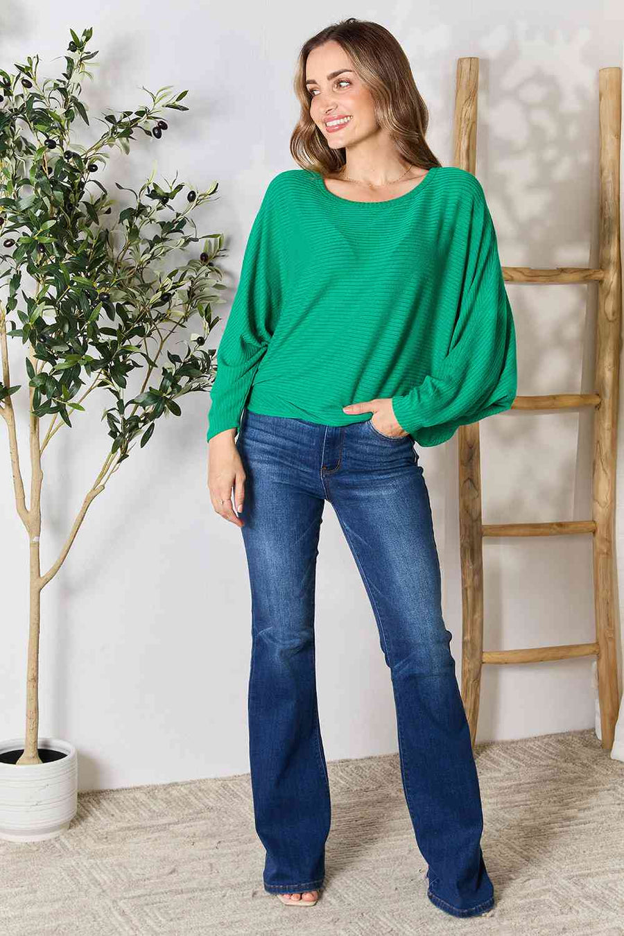 Round Neck Batwing Sleeve Blouse, Zenana