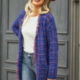 Plaid Fringe Trim Open Front Longline Cardigan