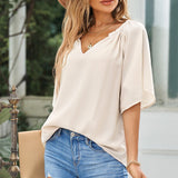 Gathered Detail Notched Neck Flutter Sleeve Top (Various colors)