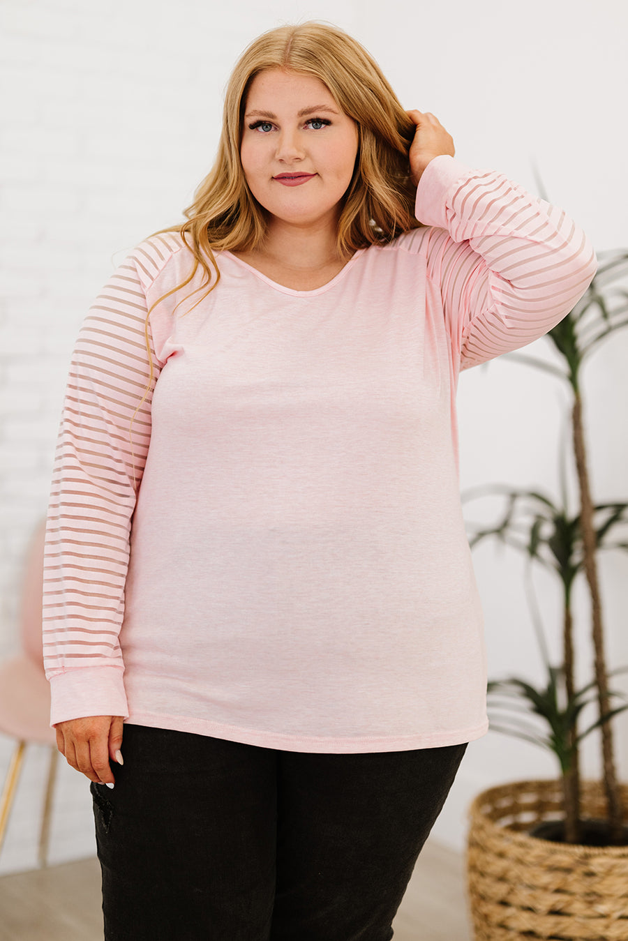 Sheer Striped Sleeve V-Neck (Plus size only)