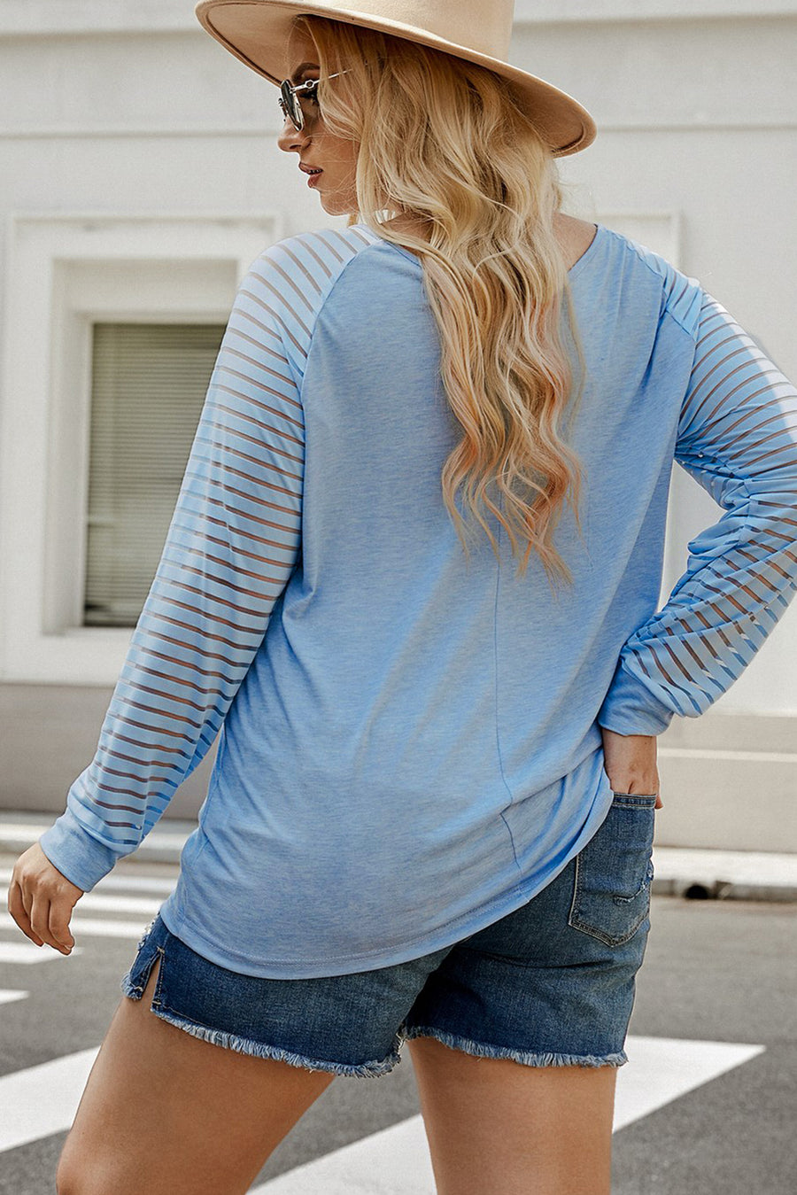 Sheer Striped Sleeve V-Neck (Plus size only)