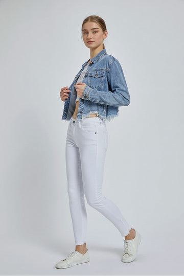 Light Wash Distressed Cropped Frayed Denim Jacket by Hidden